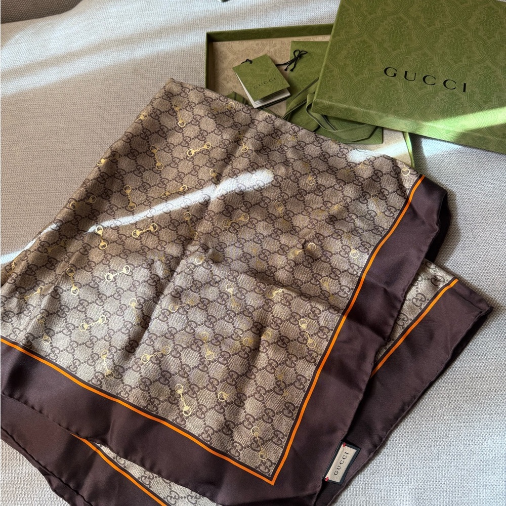Gucci Brown and Orange Monogram Silk Scarf/Bandana